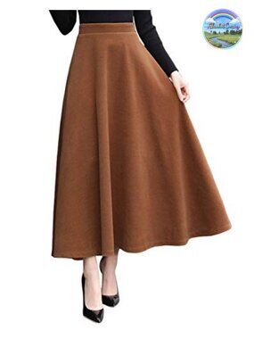 Wool Blend High Waist Flared A-Line Maxi Long Winter Swing Skirt